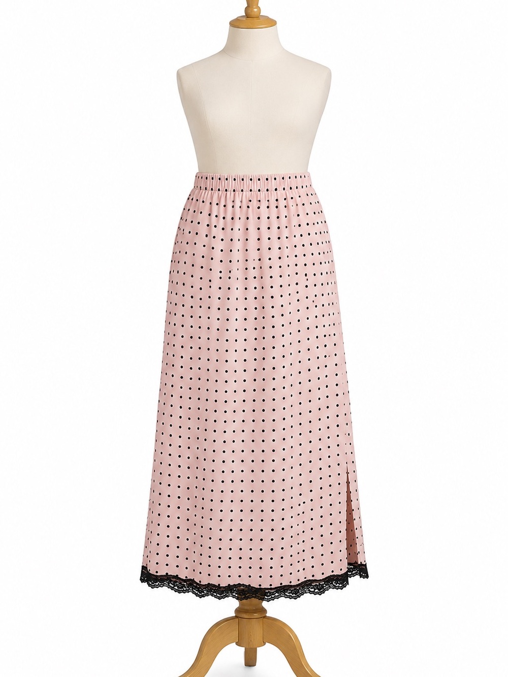Japna Pink Maxi Skirt with Black Polka Dots and Lace Hem (Cross Posted)